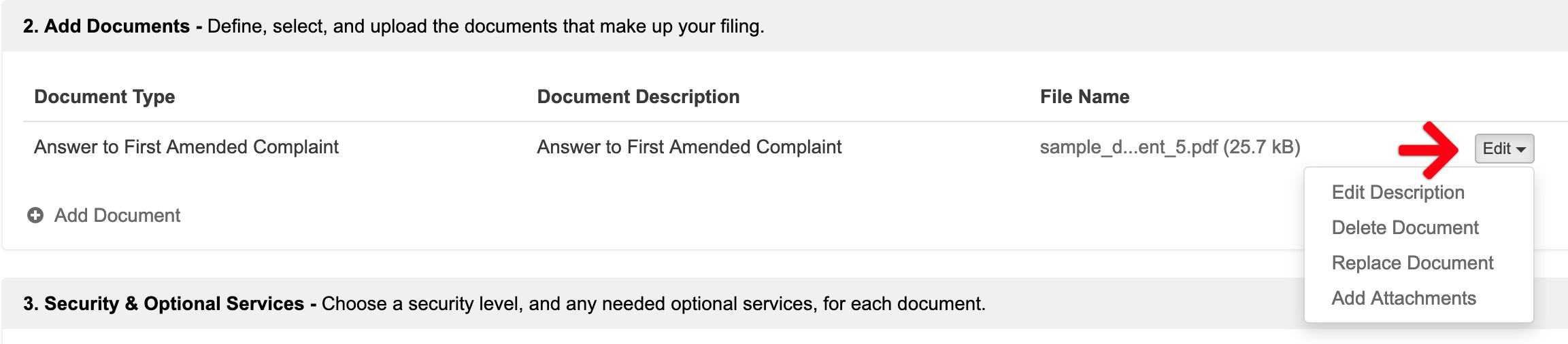 change or delete documents in rejected filings