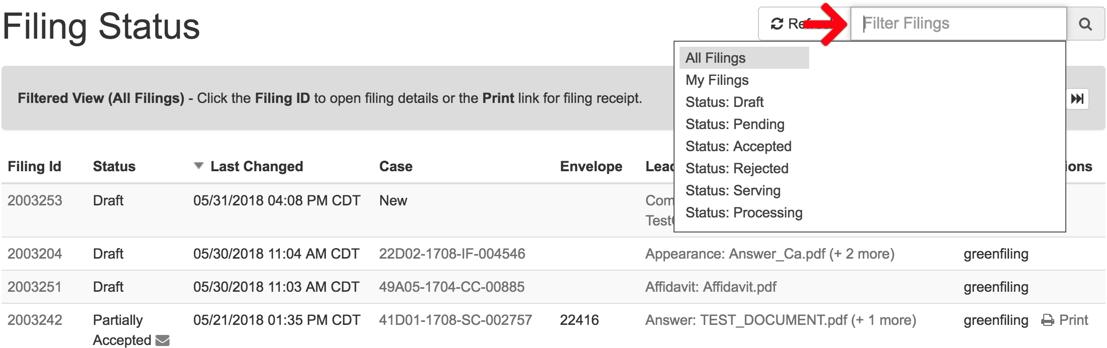 View Filed Documents and your Filing History on the Filing Status