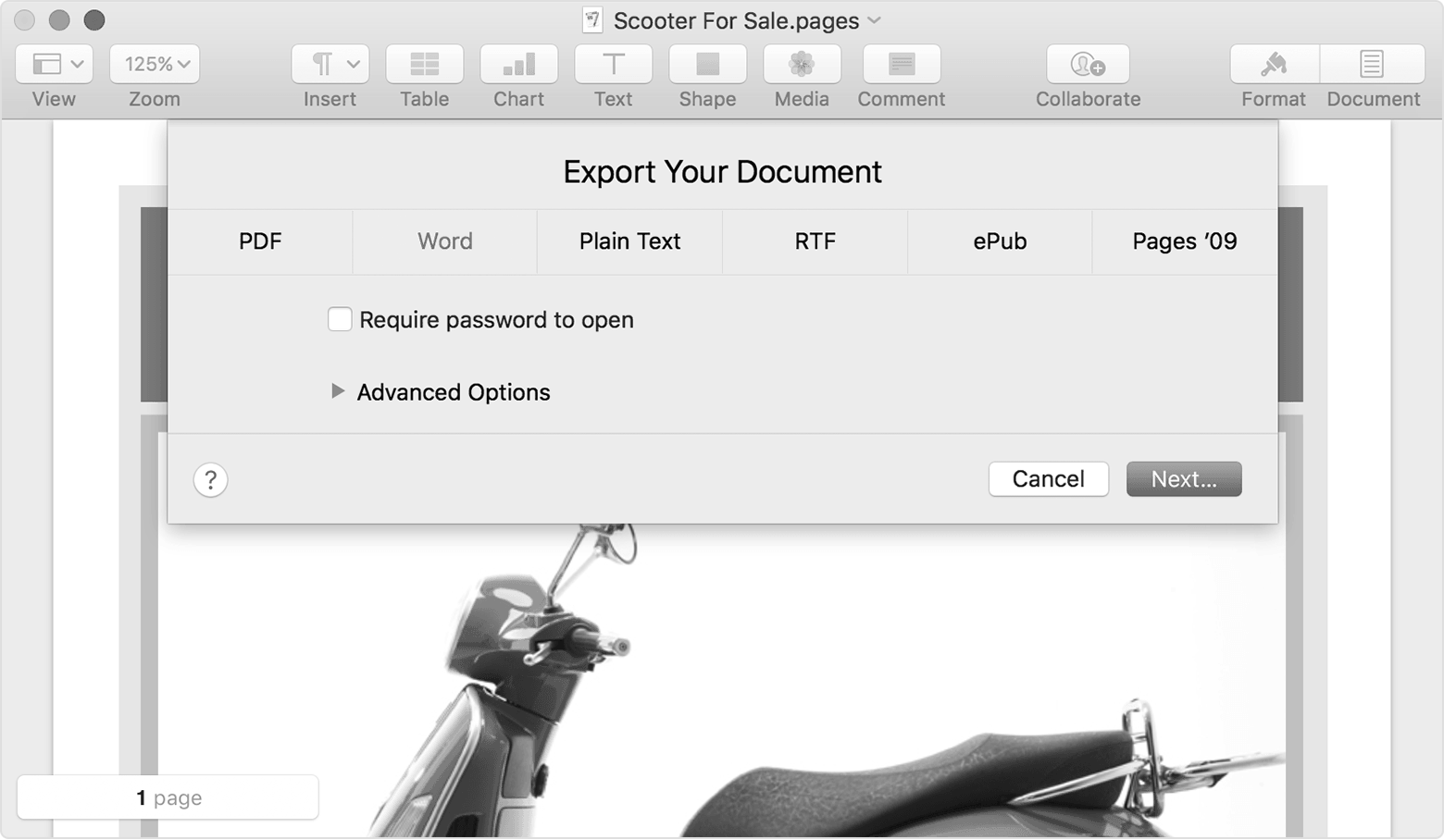 Convert a Pages document into a text-searchable PDF
