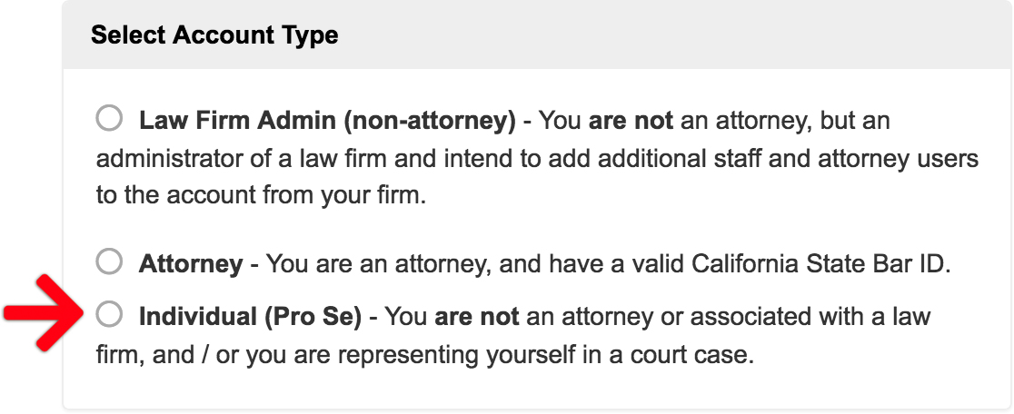 Individual Account For Self Represented Pro Se Litigants E Filing Help